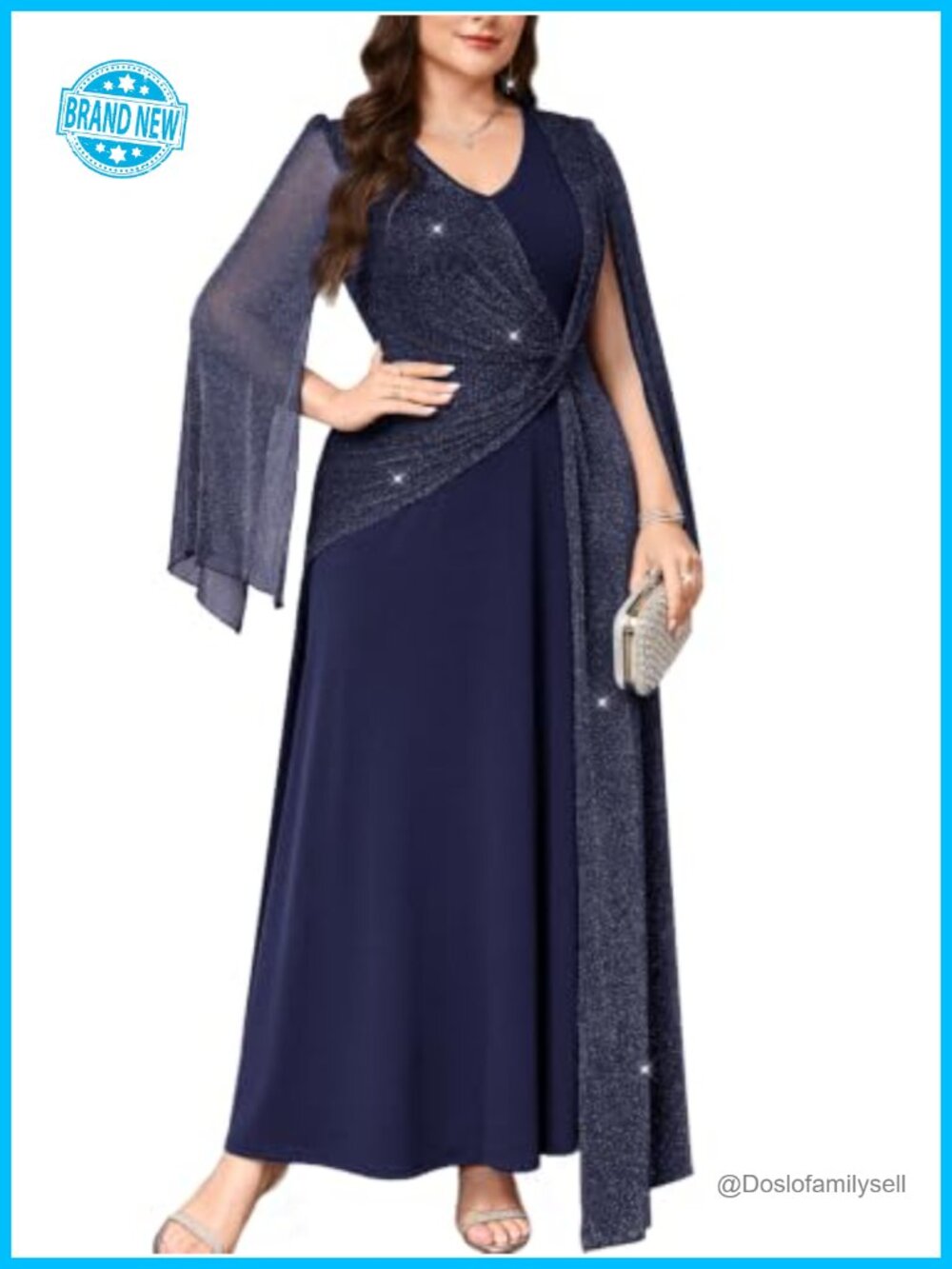 Plus Size Formal Glitter Mesh Cape Sleeve V Neck Ruched Waist A Line Maxi